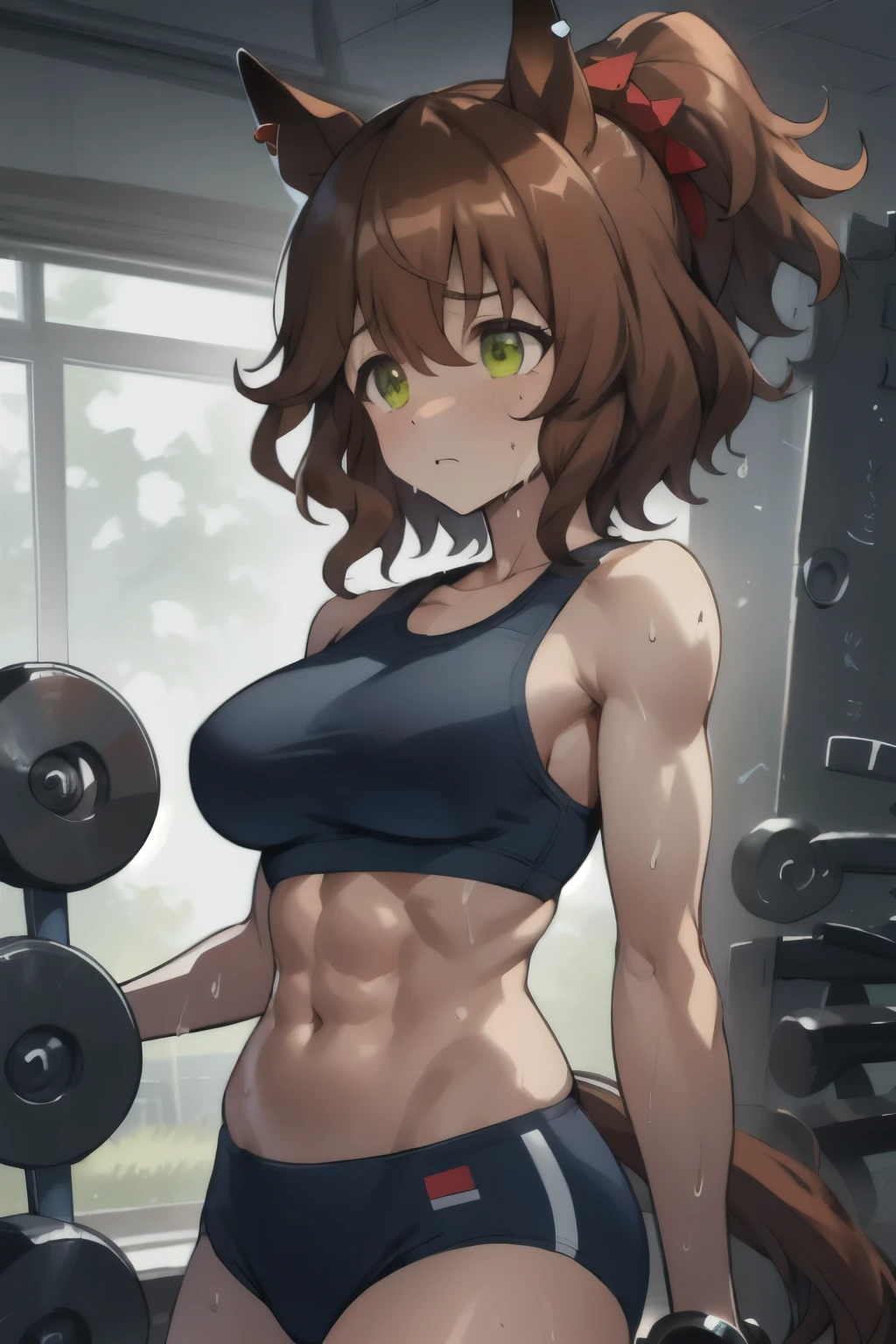 aston machan\(umamusume\), ((ultra-detailed face)), symmetrical face, beautiful face, masterpiece, best quality, sports bra, horse tail, seriously, sweat, gym, slender, muscle, abs, large tits, dumbbell