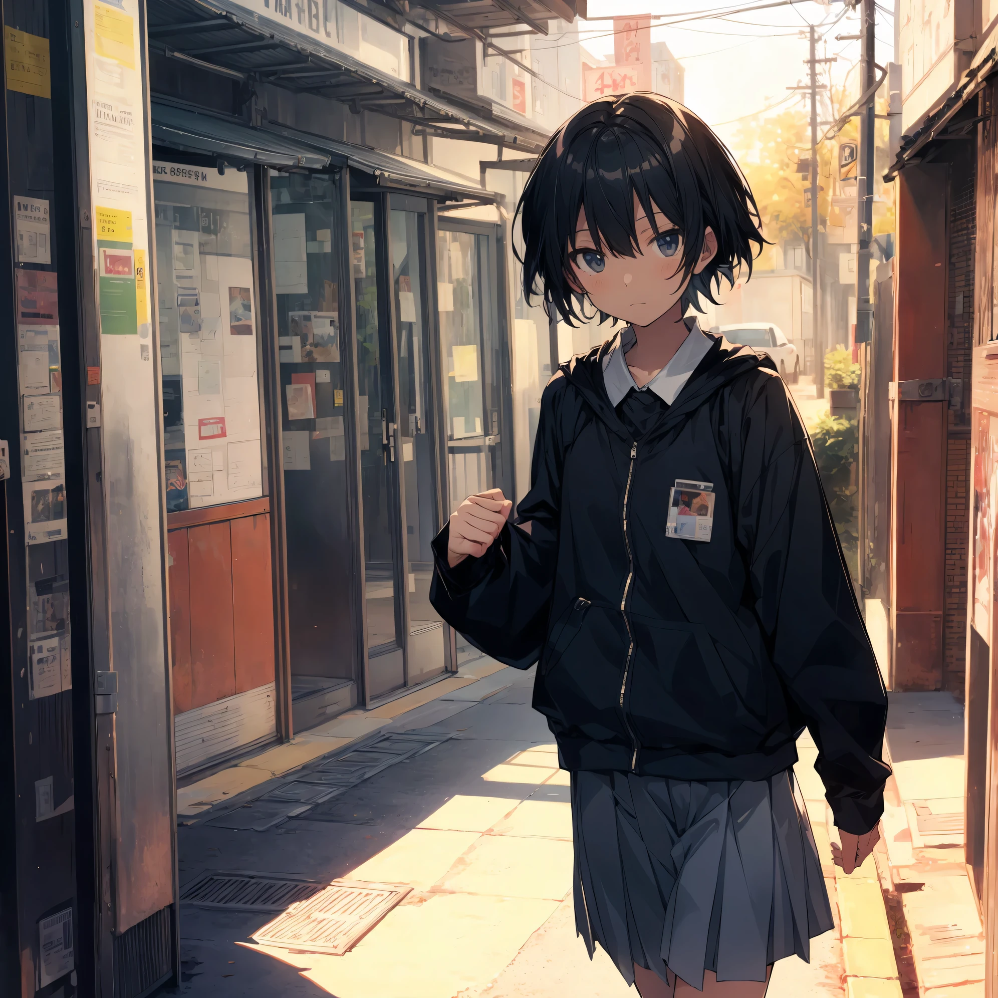 Super high quality by the art god, super detailed, High resolution,Shinkai Makoto style, anime moe art style, best anime 8K konachan wallpaper, pixiv contest winner, perfect anatomy, break,(眠そうにalone学校へ行く女の子を描いてください. ),break, surreal high school girl, (alone,lolita, , :1.3),All limbs, full finger,, androgynous charm, (very short hair), messy hair, flat chest, , small ass, between legs, Small black eyes,beautiful and fine eyes, Well-proportioned iris and pupils, disgusted eyes, High resolutionの詳細な髪, wearing school uniform, (skirt), On the way to school. break,super dense skin, Best lighting by famous artists, 8K, figure,