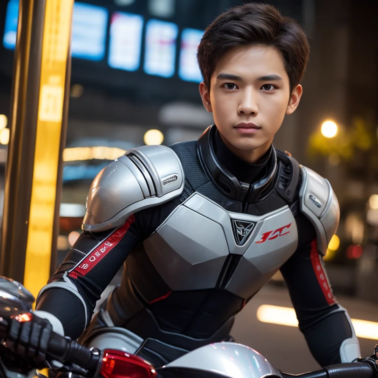 fking_scifi, black pilot suit with yellow accents, brown hair (gray eyes: 1.35), Thai guy, handsome teenager, rides a cool motorcycle, bokeh, mass effect, long distance, fullbody image fking_cinema_v2