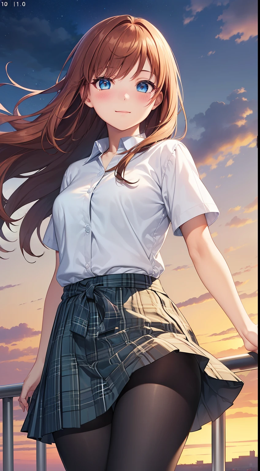 ((best quality, high resolution, pixel perfect, 4K))), 1girl in, single, alone, Beauty、see whole body、 ((Long hair to waist, Short Liuhai, reddish brown hair)), ((blue eyes, beautiful eyelashes, realistic eyes)), ((Detailed face, blush:1.2)), ((smooth texture:0.75, lifelike质感:0.65, lifelike:1.1, Anime CG style)), medium breasts, Perfect body, ((short sleeve shirt, light blue skirt, Plaid skirt,Black tights)), smile in love, Holding hands on railing, Look from the bottom up、(The wind is strong and blows my hair,The chest is exposed、Black tights) , Night view platform