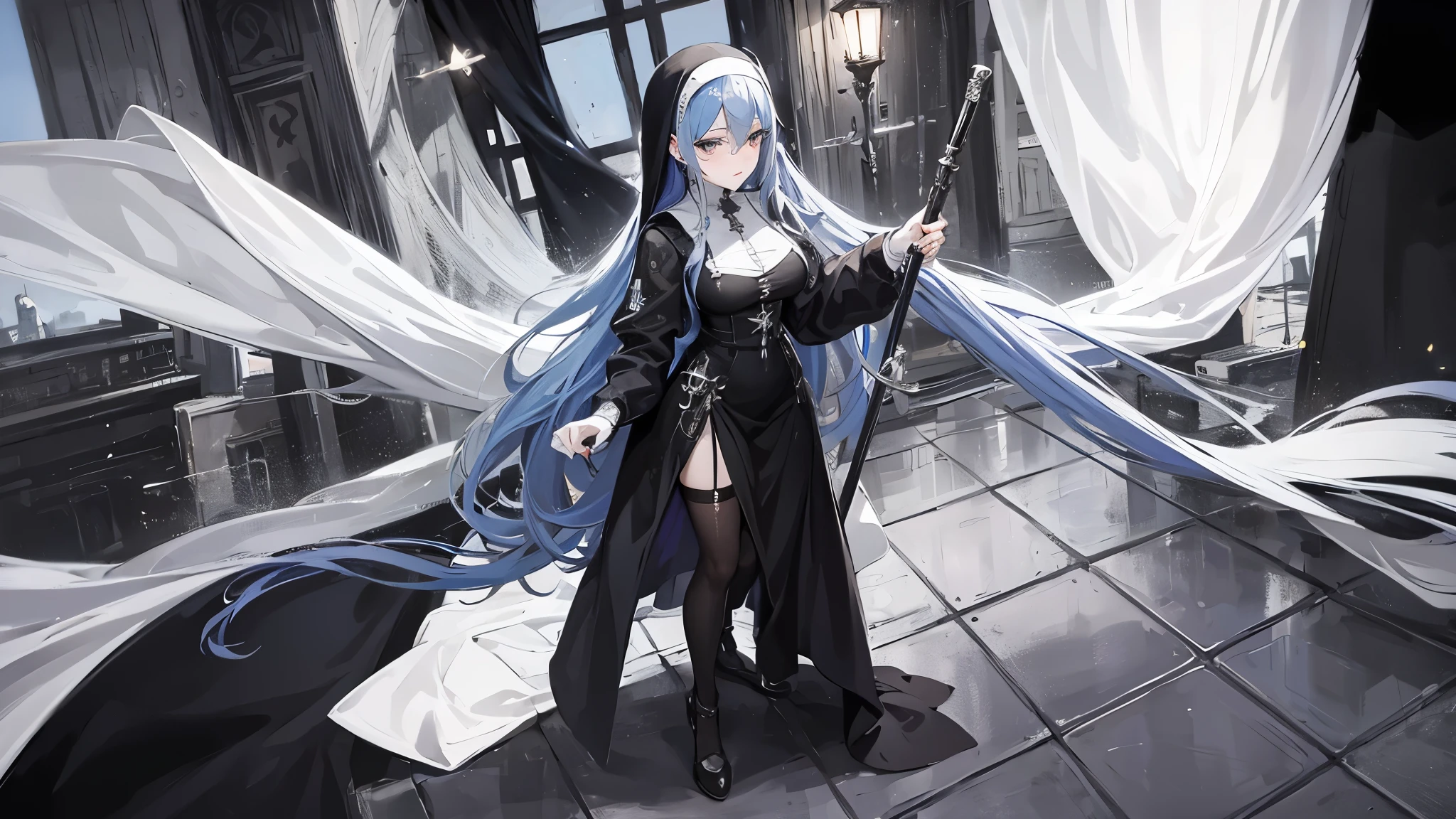 masterpiece, high definition, PERFECT FACE, perfect hand, anime - style image of a blue haired woman in a black nun outfit, elegant nun girl, utopia, mature and lady, smug face, from girls frontline, artwork in the style of guweiz, , background art, lighting, starry blue sky, galaxy, PERFECT EYES, looking at viewer