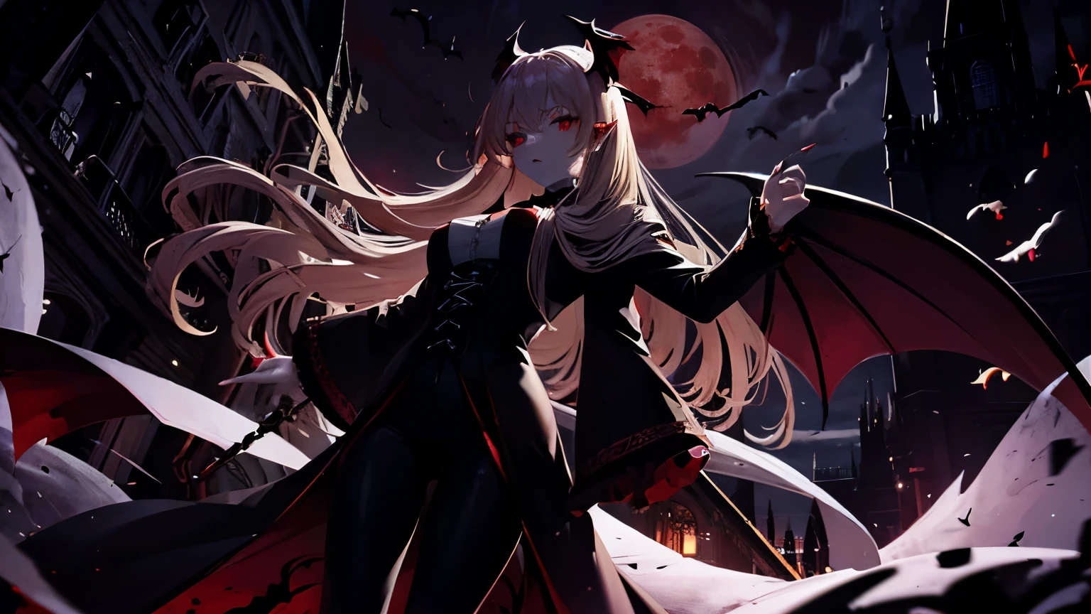 vampire adult woman、big bat wings、Bats around、big red moon behind、Big castle、gothic  pants pants、very long blonde hair、highest quality、masterpiece、1 female、Alone,red eyes、red glowing eyes、