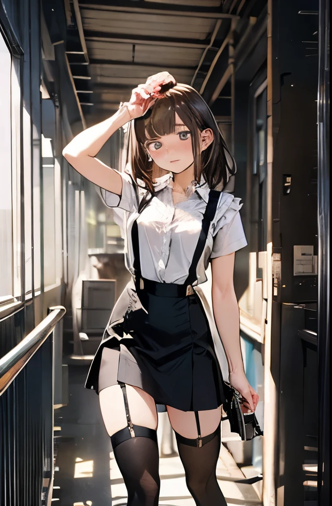 brown hair、looking at the viewer　　　black suspenders　　　bulging big tits　　 　 　　　wall: 　black mini skirt　garter　　　　　　sight　　　small face　bangs 　　　holster　　　Beautiful woman　　raise your hand　　レッグholster ベッドに横たわる　　sight 　black boots panty shot　provocation　side　side汗　I 　arm　Inside the car　fold your hands behind your back　internal