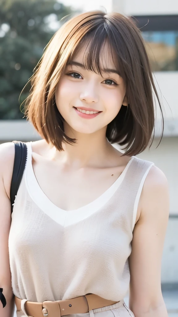 mix 4,(highest quality), (realistic),(Simple white background:1.2), (21 year old girl 1:1.5), Upper body, high detail face, smile,[ash blonde | Ginger | brown gray hair], Fujifilm XT3, beige or camel、High-waisted pants in neutral colors such as silver and blue, Silk blouse and structured blazer combination, Creates a sleek and powerful look,(8K), bangs, short hair、Random attire、random sexy pose