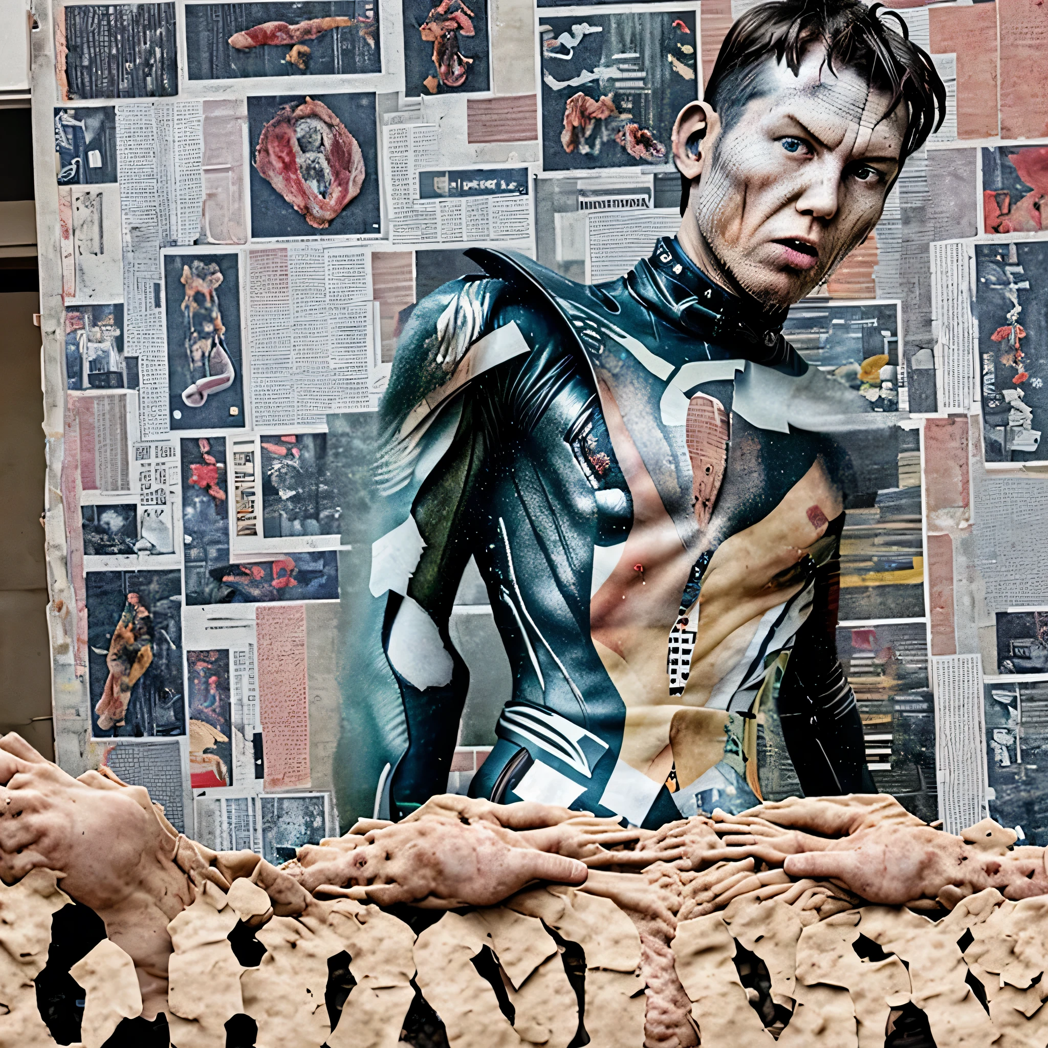 a close up of a piece of paper on a wall, anatomically correct body, newspaper collage, hikkikomori, by Niels Lergaard, intertwined full body view, on a canva, human male, pathology, full - body, carnage, single figure composition, fiberglass, editorial image