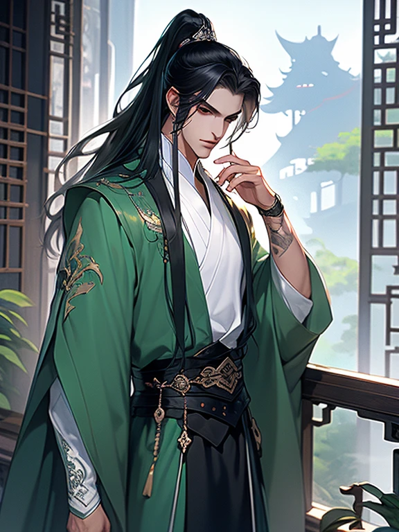 (best quality), ((masterpiece)), (highres), illustration, original, extremely detailed,licg,1boy, male focus, solo, long hair, watermark, artist name, ponytail, chinese clothes, wide sleeves, hand up, long sleeves