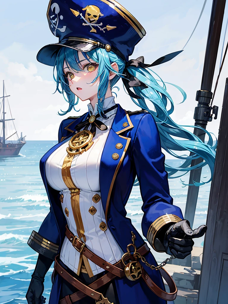 (((masterpiece、Highest image quality、highest quality、highly detailed unity 8kwallpaper)))、((Illustration of one girl、upper body))、(((beautiful girl)))、(fantasy、female pirate)、(Light light blue hair、short ponytail:1.2、yellow eyes)、(((Right hand is a prosthetic hand、steampunk prosthetic arm)))、((tall))、bulky figure, massive frame, thick neck, sturdy arms, powerful legs、(captain's suit、Pirate hat、Blue coat)、pier、pirate ship anchored