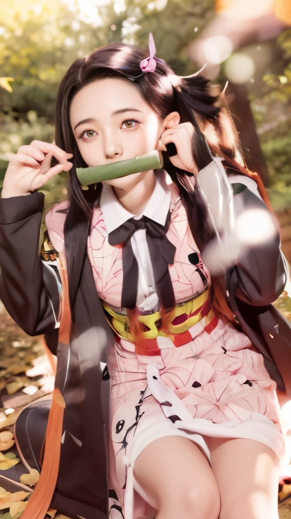 anime girl with a green tape around her mouth and mouth, nezuko-chan, nezuko, demon slayer rui fanart, kimetsu no yaiba, demon slayer artstyle, by Shingei, 🍁 cute, anime visual of a cute girl, handsome guy in demon slayer art, sakura haruno in slug sage mode