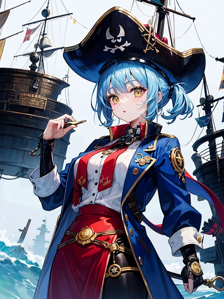 (((masterpiece、Highest image quality、highest quality、highly detailed unity 8kwallpaper)))、((Illustration of one girl、upper body))、(((beautiful girl)))、(fantasy、female pirate)、(Light light blue hair、short ponytail:1.2、yellow eyes)、(((Right hand is a prosthetic hand、steampunk prosthetic arm)))、((tall))、bulky figure, massive frame, thick neck, sturdy arms, powerful legs、(captain's suit、Pirate hat、Blue coat)、pier、pirate ship anchored