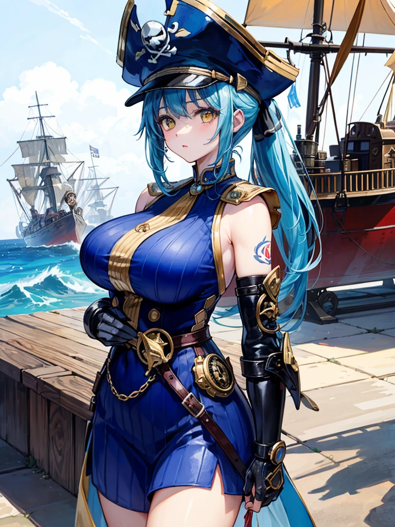 (((masterpiece、Highest image quality、highest quality、highly detailed unity 8kwallpaper)))、((Illustration of one girl、upper body))、(((beautiful girl)))、(fantasy、female pirate)、(Light light blue hair、short ponytail:1.2、yellow eyes)、(((Right hand is a prosthetic hand、steampunk prosthetic arm)))、((tall))、bulky figure, massive frame, thick neck, sturdy arms, powerful legs、(captain's suit、Pirate hat、Blue coat)、pier、pirate ship anchored