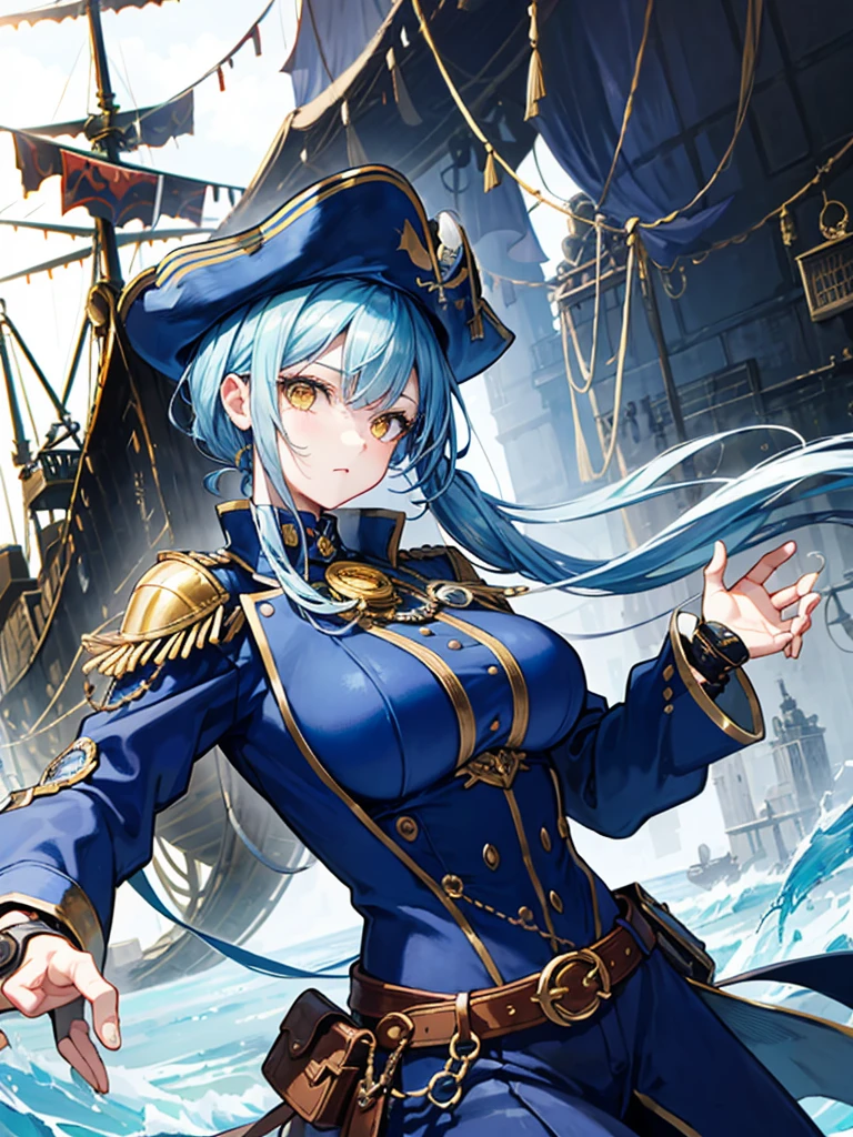 (((masterpiece、Highest image quality、highest quality、highly detailed unity 8kwallpaper)))、((Illustration of one girl、upper body))、(((beautiful girl)))、(fantasy、female pirate)、(Light light blue hair、short ponytail:1.2、yellow eyes)、(((Right hand is a prosthetic hand、steampunk prosthetic arm)))、((tall))、bulky figure, massive frame, thick neck, sturdy arms, powerful legs、(captain's suit、Pirate hat、Blue coat)、pier、pirate ship anchored