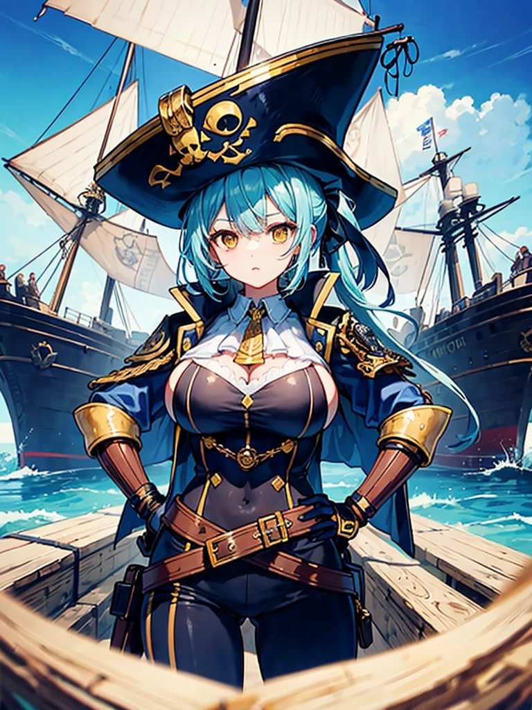 (((masterpiece、Highest image quality、highest quality、highly detailed unity 8kwallpaper)))、((Illustration of one girl、upper body))、(((beautiful girl)))、(fantasy、female pirate)、(Light light blue hair、short ponytail:1.2、yellow eyes)、(((Right hand is a prosthetic hand、steampunk prosthetic arm)))、((tall))、bulky figure, massive frame, thick neck, sturdy arms, powerful legs、(captain's suit、Pirate hat、Blue coat)、pier、pirate ship anchored