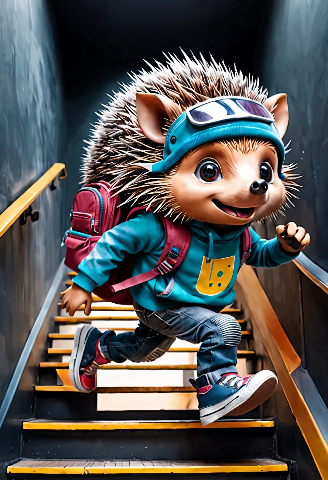 Chalkboard artwork style, Cute cyborg hedgehog wearing a backpack (run down the stairs), With a happy and shouting expression, beautiful details, and hip-hop fashion style,