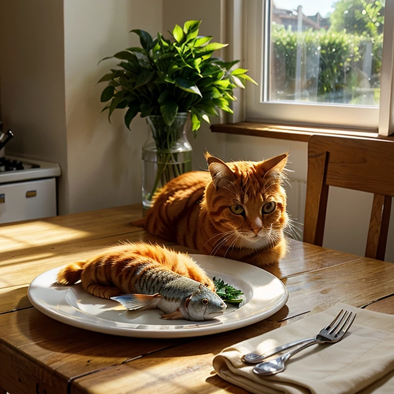 Orange cat, On the kitchen table, There is fish on the plate, and the sun was shining brightly, the detail, k hd,