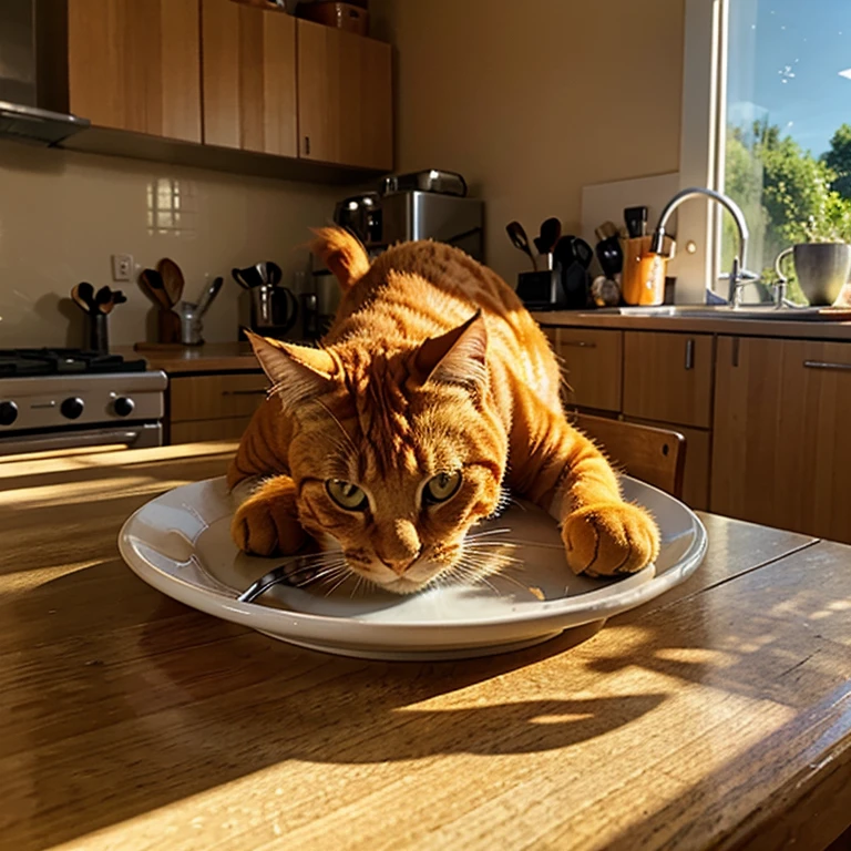 Orange cat, On the kitchen table, There is fish on the plate, and the sun was shining brightly, the detail, k hd,