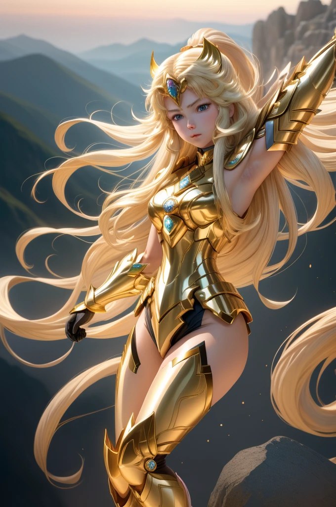  Saint Seiya，1 girl，blond，Gradient，Gradient背景，long hair，solo，1 girl，blond，bow，Gloves，long hair，Fantastic girl，solo ,