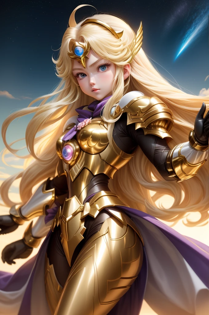  Saint Seiya，1 girl，blond，Gradient，Gradient背景，long hair，solo，1 girl，blond，bow，Gloves，long hair，Fantastic girl，solo ,