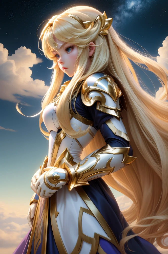  Saint Seiya，1 girl，blond，Gradient，Gradient背景，long hair，solo，1 girl，blond，bow，Gloves，long hair，Fantastic girl，solo ,