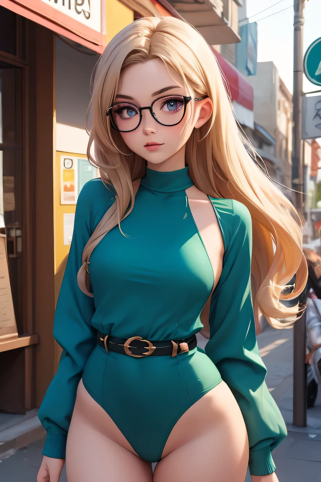 (masterpiece, professional photo:1.1), (8k, high resolution), single, solo women, European, (twirly messy hair (dark blonde)), sexy curve, beautiful face, ultra detail eyes, (glasses:1.1), small breast, (high waist short teal:1.2), (purple high neck:1.2), sexy goddess, street, old beach side build, high quality image