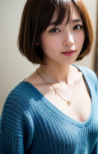 (Best quality, 8k, 32k, Masterpiece, UHD:1.2),Photo of 8 Pretty Japanese woman standing side by side, large breasts, very short bob hair,upper body,face focus,oversized_sweater, necklace, simple background, from above, looking at viewer,