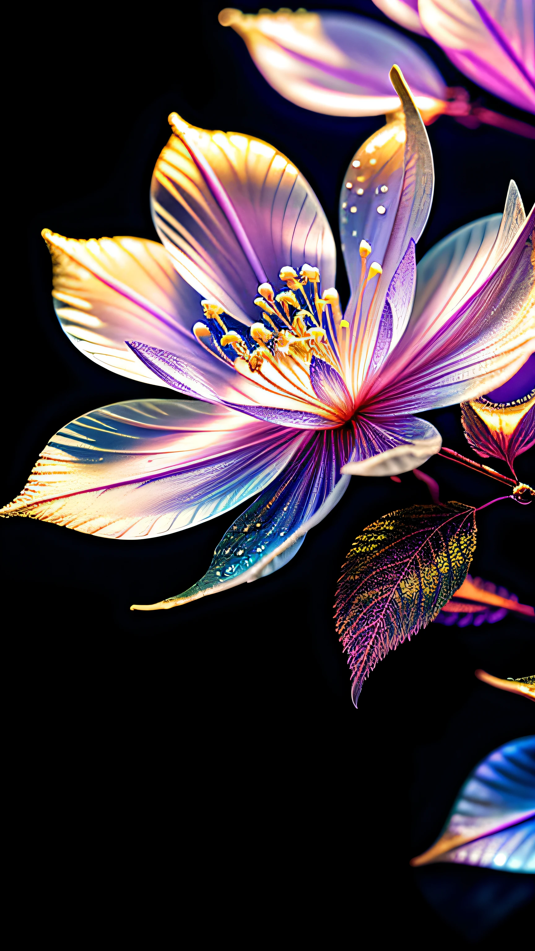 Rama de delicadas flores lilas, super transparent, holy Luz, beautiful spectral Luz, petals glow, Centelleante, fondo oscuro, drops of transparent Luz, reflective Luz, brillante, Luz streaming in, Optics, Perfil vertical, Sharp focus, magical, intrincado, ultra realista, fancy, compositing, Luz, tendencia en artstation, Perla, Patronus Nube de vapor plateado, Familia de rayos envolventes corrosivos, 8k, ureal ar 23v4 upLuz