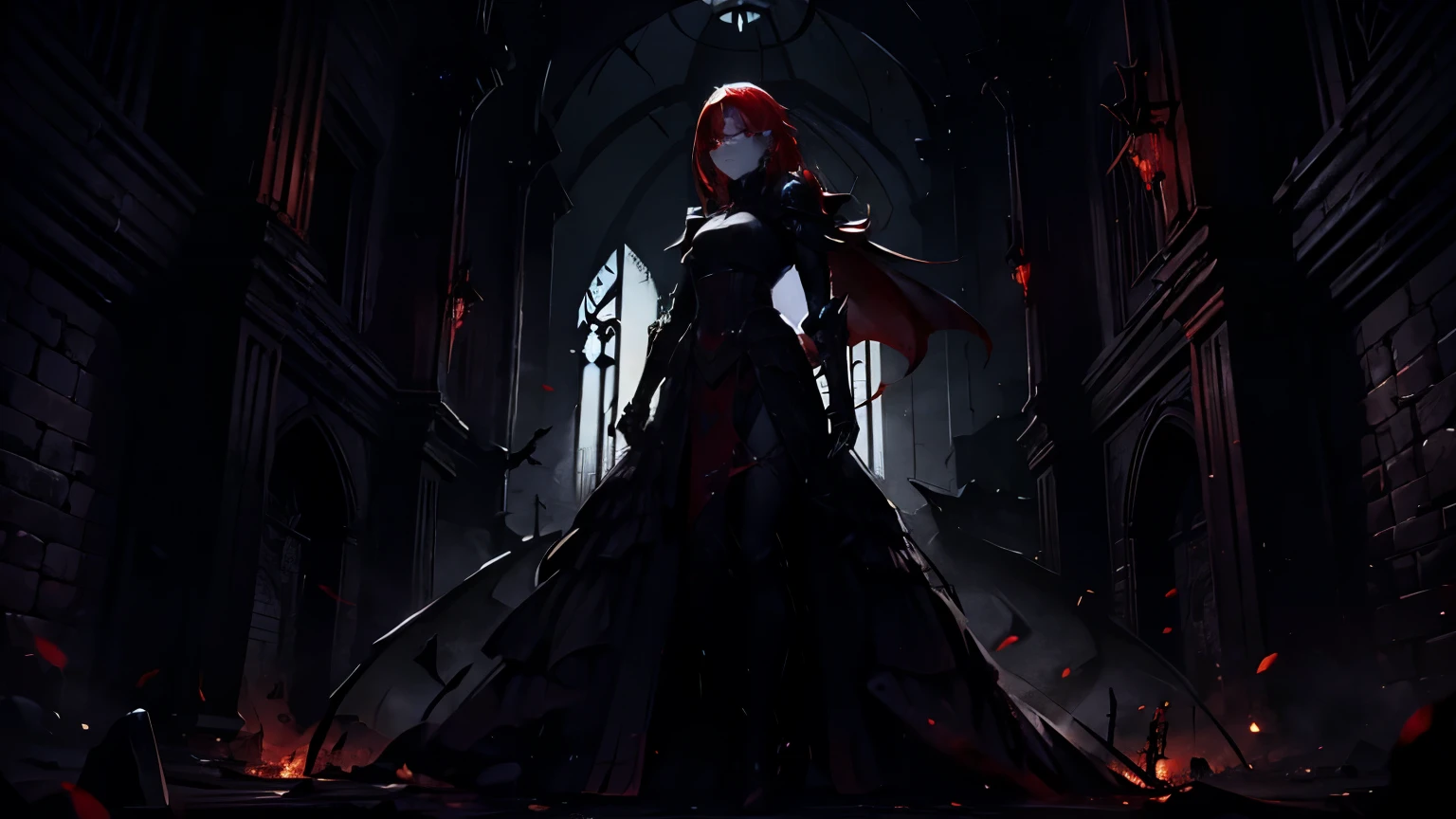 woman with red hair、red glowing eyes、dark fantasy、Wear armor、Black Shadow、Black crown、Rasvos、enemy、villain、The crumbling castle interior、Dragon Behind、Are standing