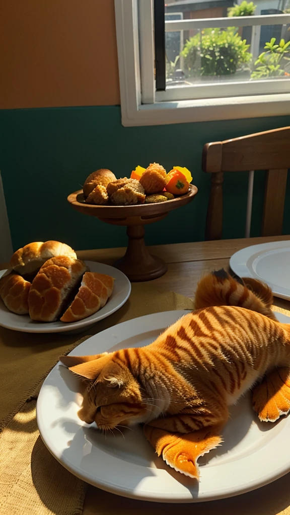 Orange cat, On the kitchen table, There is fish on the plate, and the sun was shining brightly, the detail, k hd, food.