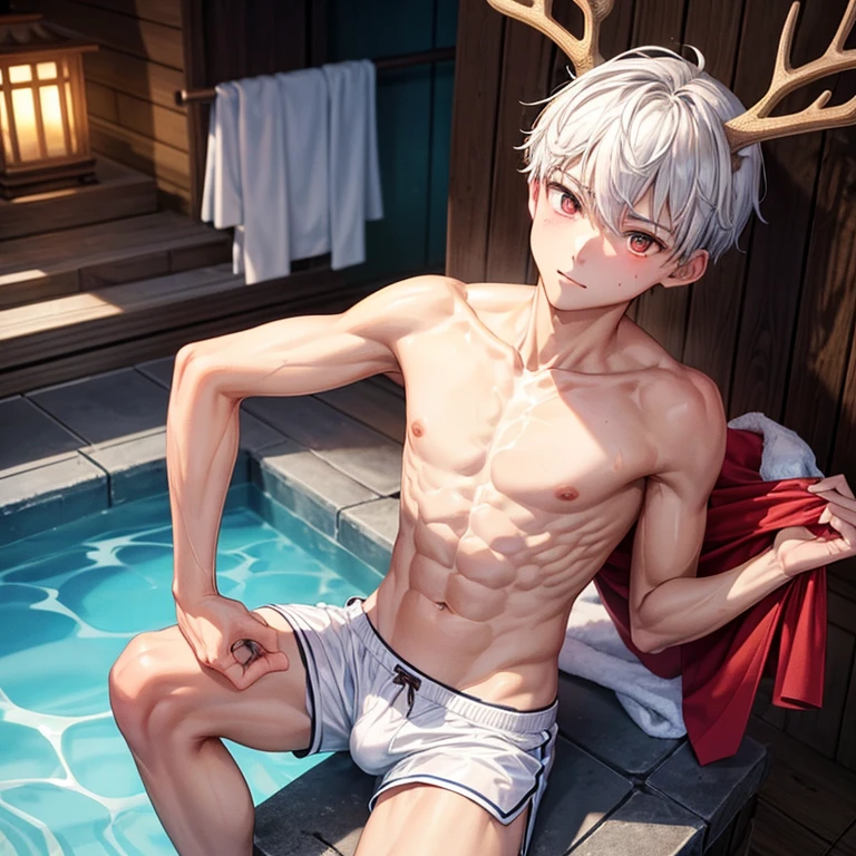 -yeld bo thin, Slim body, Very white skin, Asia, I have a little six-pack., Boxer shorts, sexy, have a penis, sauna, towel, There are deer antlers on the head., Looks excited. ,Pink ,There are red marks on the neck.