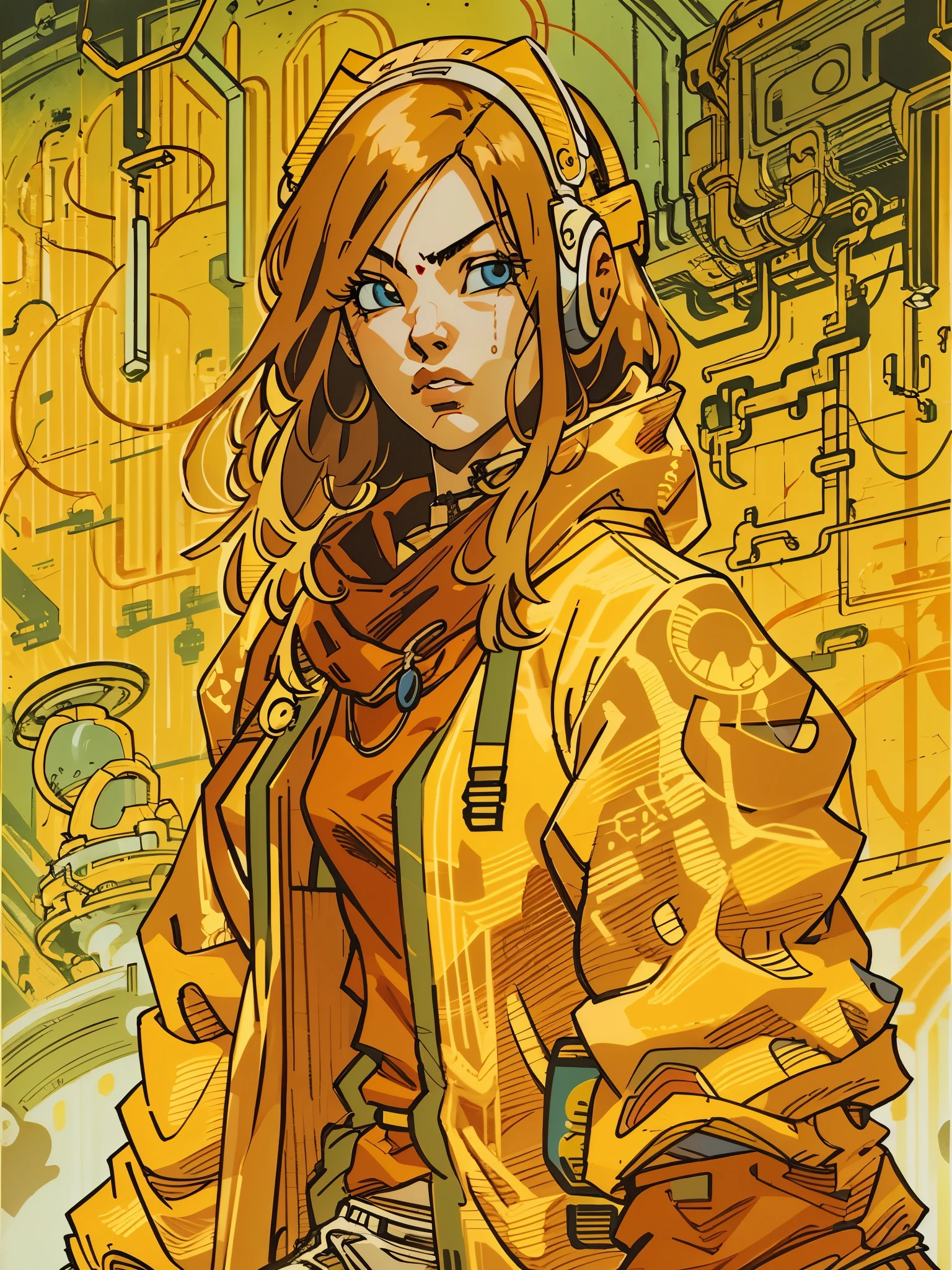 1monk warrior girl with yellow techwear clothes, red long hair, laces, abstract vintage scifi background, art by Moebius, art by Ashley Wood