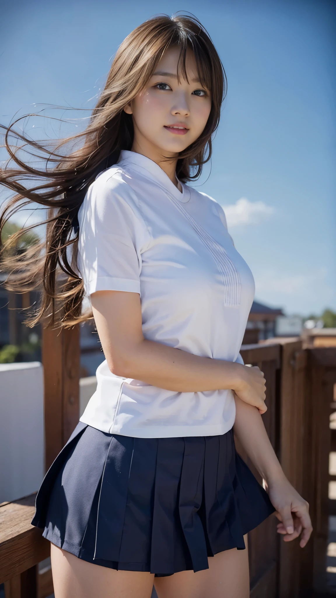 RAW photo, 1 girl, incredibly absurd, beautiful girl, (cute), (One knot in the braid), Depth of written boundary, High resolution, Super detailed, (delicate), very detailed, highly detailed eyes and face, sharp pupils, realistic student, sharp focus, cinematic lighting, Eye and face details, (Japanese high school short sleeve uniform), Cowboy Shot Full Body, (wind lift:1.8), cameltoe, High school rooftop, shy smile, Seduce, Big breasts that are about to burst, Close-up, perfect body, (look up from below), Summer Cloud