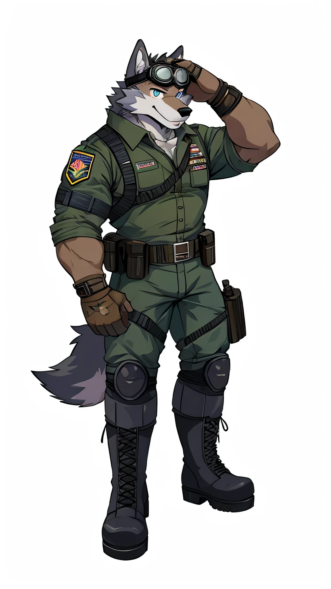 gray fur,Male Wolf,Character Focus Solo,hairy,end,special operations,body protective equipment,military boots,The right hand is adjusting the goggles on the forehead,sharp gaze,Handsome,young,masterpiece,Beautifully,empty handed,very strong