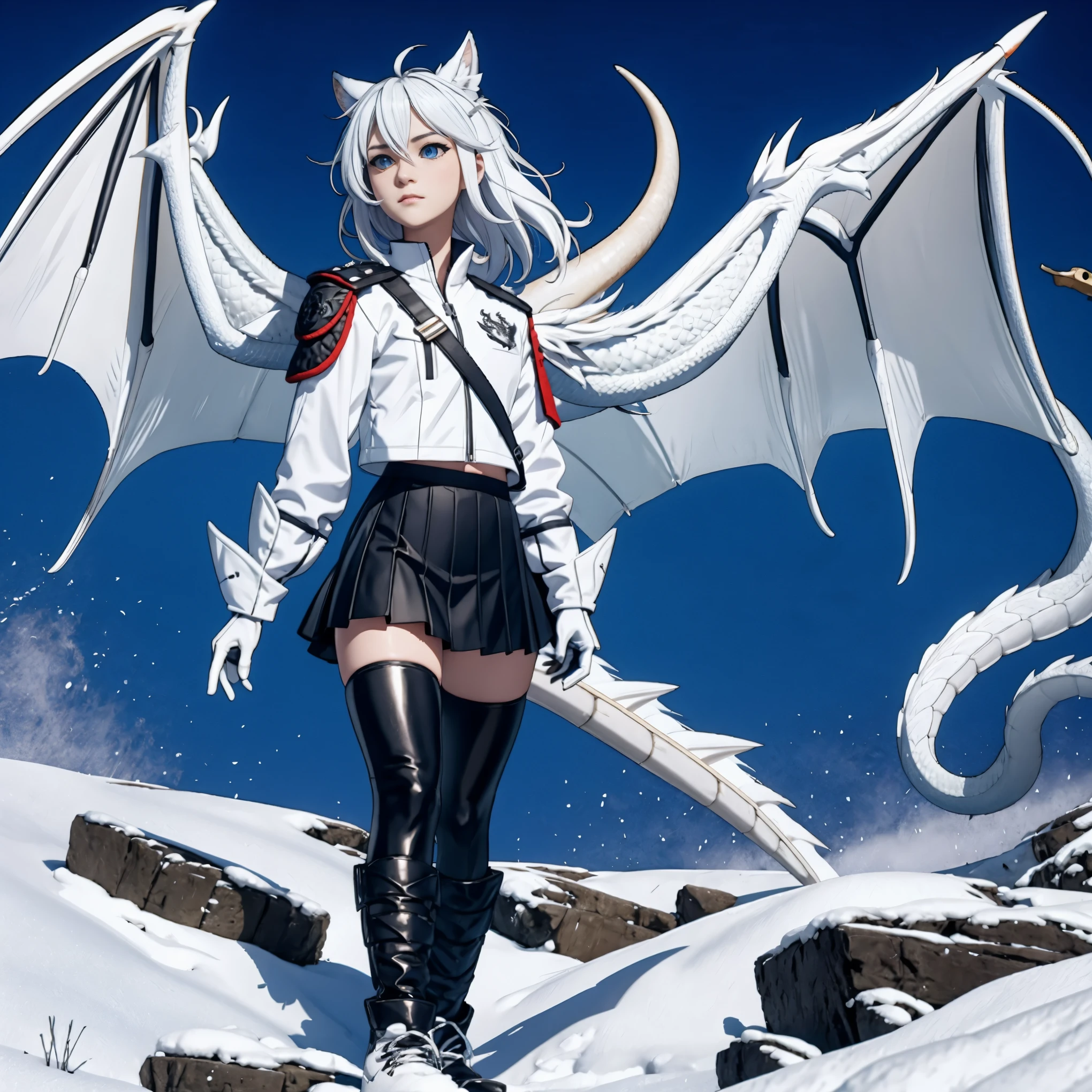 8k, resolution, high quality, high resolution, best quality, extremally detailed, best resolution, absurd resolution, ray tracing, high detailed, masterpiece, extremely detailed,detailed angelic face, shoulder length white hair, female,2 white wolf ears, age girl, slim body,white scale dragon tail, military boots,black leggings, navel blue school skirt, sailer shirt, white jacket, medium size chest, detailed blue eyes, detailed beautiful face,solo female,1 dragon tail, detailed eyes, tomboyish, thick dragon tail, white scales, 2 dragon wings, white fluffy wings