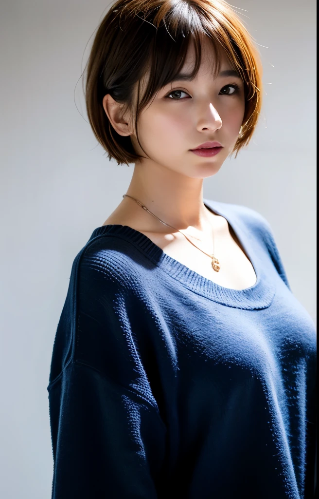 (Best quality, 8k, 32k, Masterpiece, UHD:1.2),Photo of 8 Pretty Japanese woman standing side by side, large breasts, very short bob hair,upper body,face focus,oversized_sweater, necklace, simple background, from above, looking at viewer,