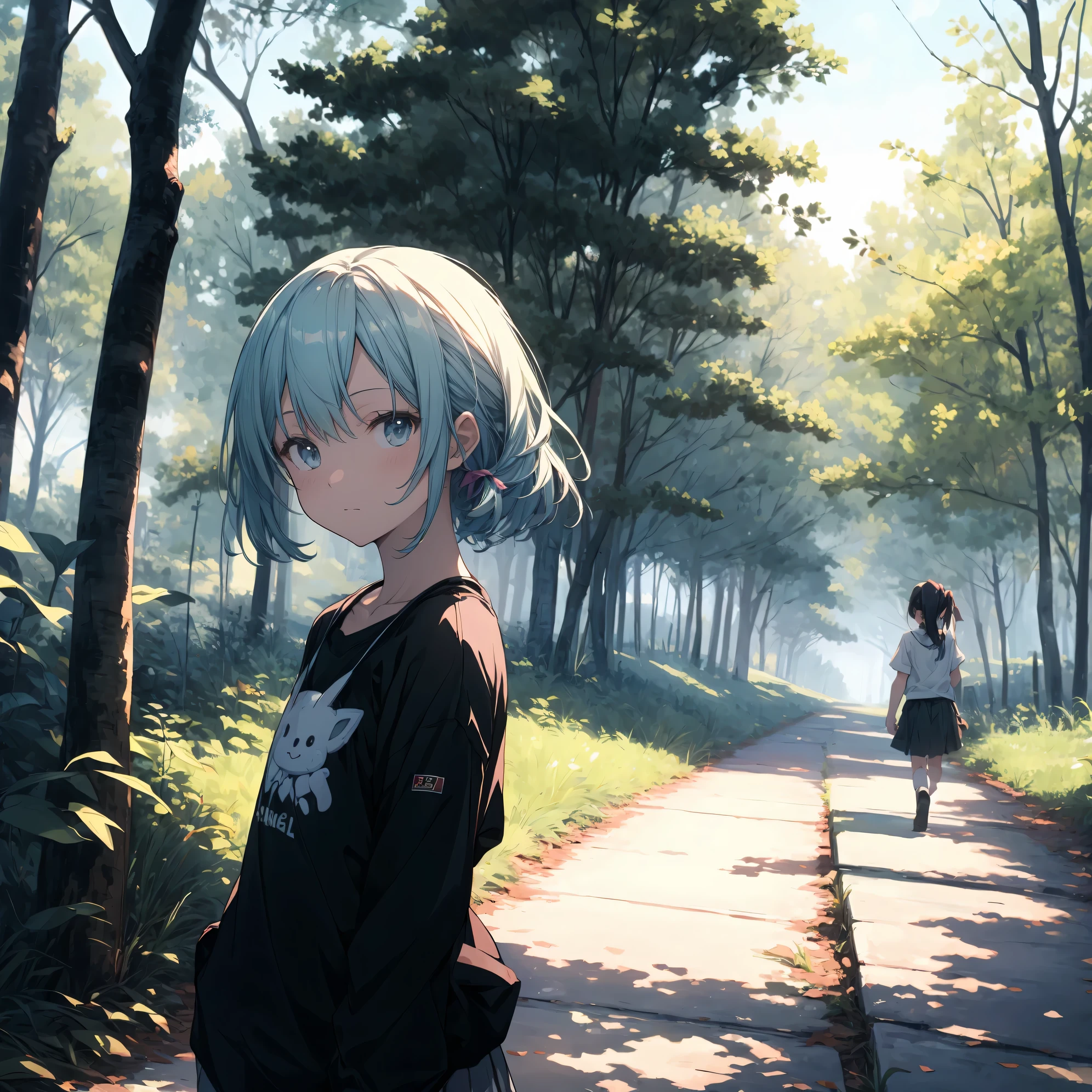 Super high quality by the art god, super detailed, High resolution,Fujichoco style, anime moe art style, best anime 8K konachan wallpaper, pixiv contest winner, perfect anatomy, break,(森をalone慎重に歩く女の子の絵を描きます. ),break, surreal beautiful girl, (alone,ta, , 12 y),All limbs, full finger, androgynous charm, (ponytail), short bob cut, flat chest, , small ass, between legs, small round eyes,beautiful and fine eyes, Well-proportioned iris and pupils, High resolutionの詳細な髪, wears round glasses, (Tank top,shorts), in the forest. break,super dense skin, Best lighting by famous artists, 8K, figure,