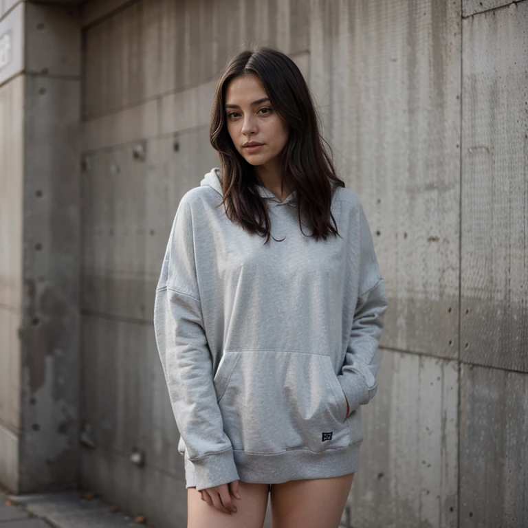 Fondo gris claro. en hoodie oversized.