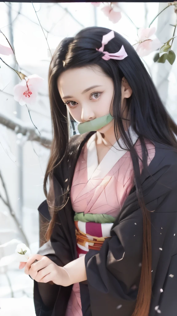 a woman in a kimono outfit holding a flower in her hand, nezuko-chan, nezuko, demon slayer rui fanart, anime visual of a cute girl, artwork in the style of guweiz, the piercing stare of yuki onna, made with anime painter studio, kaguya ōtsutsuki, haruno sakura, from sengoku period