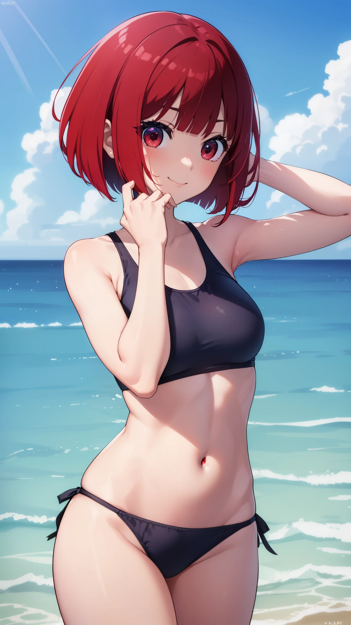 Arima maybe, Arima maybe, bob cut, (red eyes:1.5), redhead, short hair, have, 淡い青色のかわいいswimsuit,I can see your belly button，I can see your stomach，beret，thighs,swimsuit,small breasts,
break looking at viewer,shy,Smile,close mouth
break indoors, Ocean,
break (masterpiece:1.2), highest quality, High resolution, unity 8k wallpaper, (shape:0.8), (beautiful and detailed eyes:1.6), highly detailed face, perfect lighting, Very detailed CG, (perfect hands, perfect anatomy),