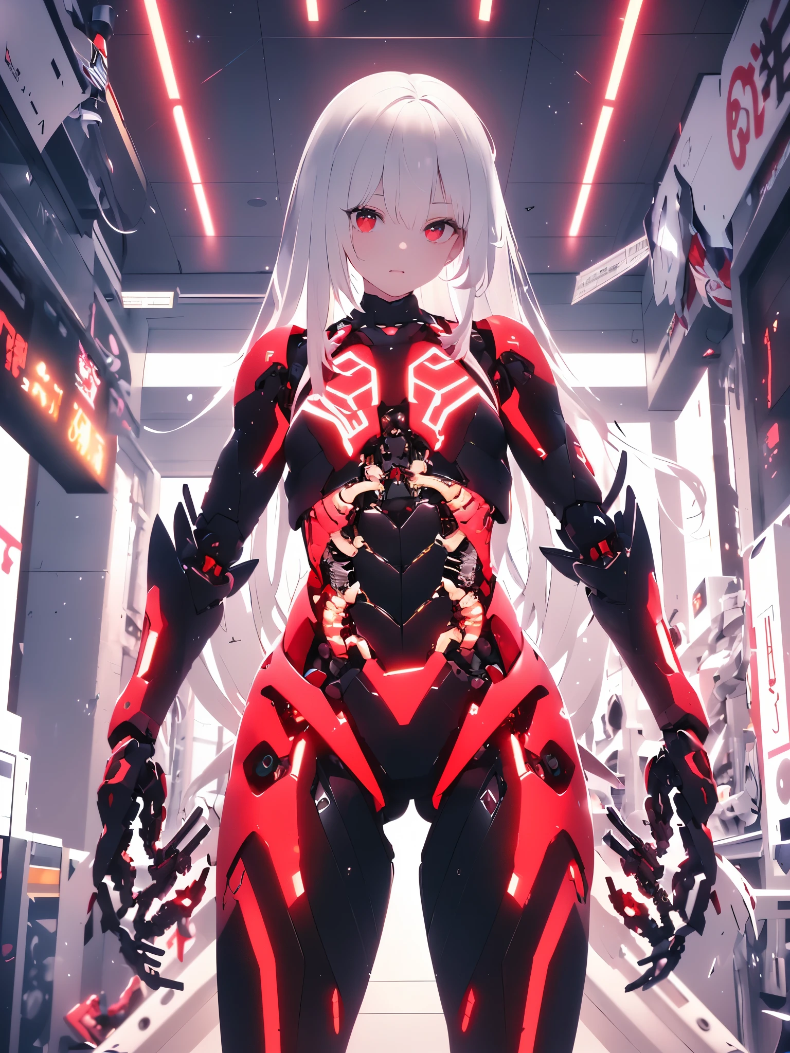 (8k, best quality, masterpiece:1.2),\(Eye details\),\(Facial features\),(\(Clothes detail details\)\),(1 girl:1.2),Mecha girl,solo,full body,Sophisticated 3D rendering of a beautiful Japanese girl Android , part, Beautiful studio soft lighting, rim light, Vibrant details, Luxury Cyberpunk, The body is made of organically flowing red and black-grey transparent glass and plastic, Silver white metal internal mechanism, dynamic poses, mobile organic ingredients, Meticulous carving, Lace design, Glowing golden circuit, H&#39;s Art,(Mechanical skeleton(Metal pelvis,Mechanical spine:1.2),high-tech robot,(/black hair:1.2/),(long hair:1.1),(/shiny red eyes/),smooth skin,(This is an android:1.5),Mecha,warrior,(red electromagnetic wave:1.3),(small breasts:1.2),small ass,