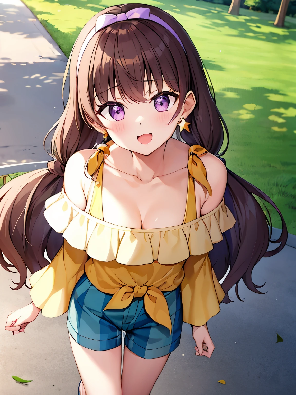 amanogawakist, purple hairband, star earrings, yellow shirt, bare shoulders, striped shorts, vertical stripes, 

(最高品質, 高解像度, 4K, 詳細な照明, シェーダ), 

笑顔,
爆乳, 
from above, upper eyes, pov, 
looking at viewer, 