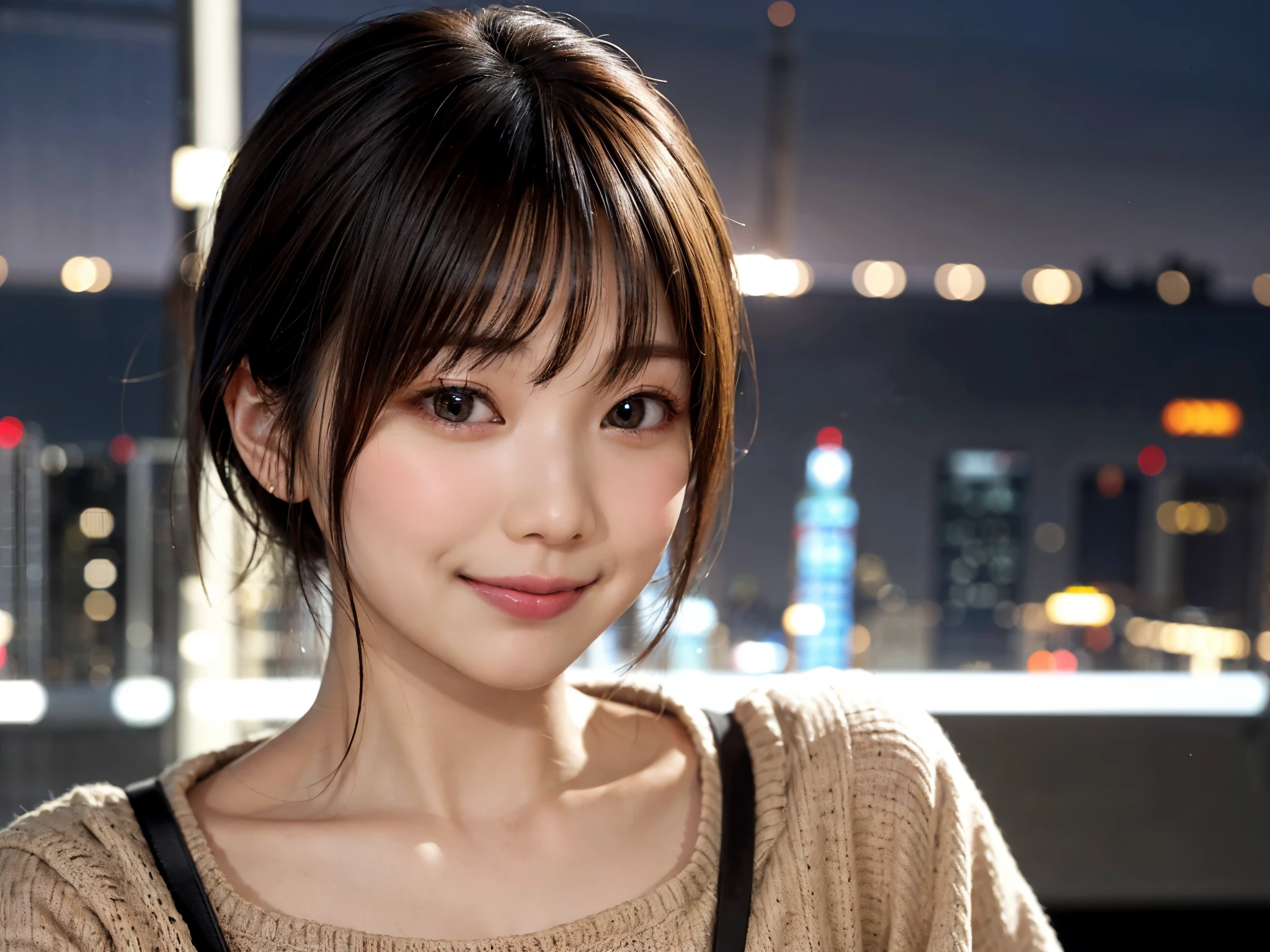 Japan girls in casual clothes、pay attention to your audience、Tokyo cityscape at night、(highest quality、master masterpiece)))、HD Fine、very detailed、master masterpiece、movie lighting、(8K、highest quality、master masterpiece:1.2)、(realistic、Photoreal:1.37) high resolution、Super detailed、woman wearing glasses、Silent look、round glasses、Asian, cute, cute顔, alone, short hair 1.2, rough skin, Beautiful smile, Beautiful and detailed night sky, night scenery, movie lighting, Depth of bounds written, lens flare light、date、(blush your nose)、、(closed your mouth)small breasts、Beautiful eye for detail、(sweater:1.1)、(short hair:1.2)、floating hair nova frog style、