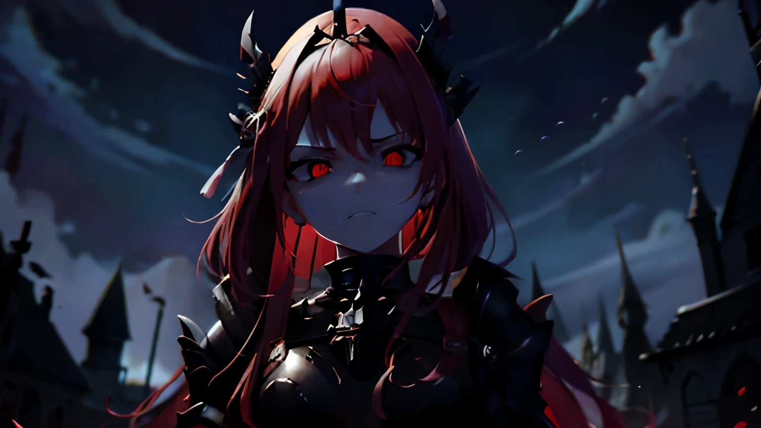 woman with red hair、red glowing eyes、dark fantasy、Wear armor、Black Shadow、Black crown、Rasvos、enemy、villain、The crumbling castle interior、Dragon Behind、Are standing、front、fisheye lens