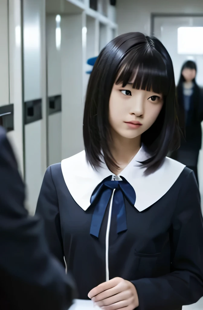 One mannequin is touching a computer,That mannequin is Erika Ikuta.,That mannequin is 25 years old.,mannequin color'my face is white.,mannequin color'The body is pure white.,The mannequin has black hair(Bangs Patsun),mannequin color'eyes are black.mannequin is wearing a girl'high school uniform.,a mannequin is sitting