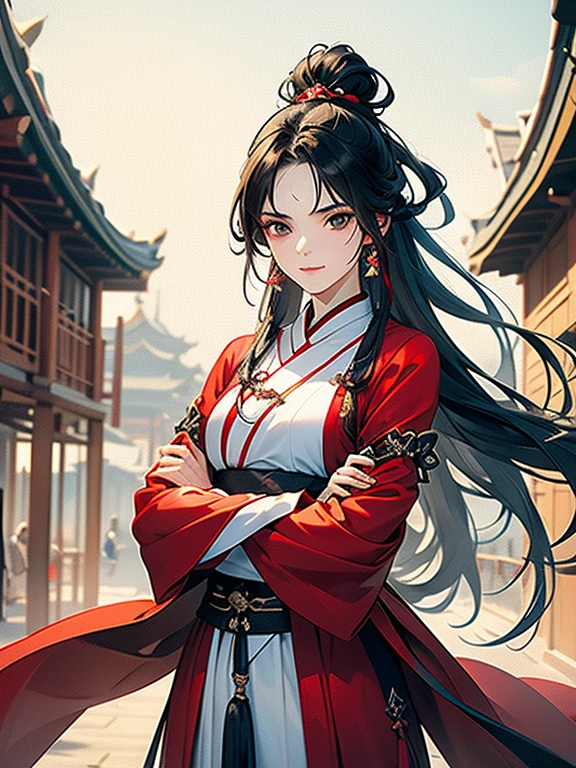 (best quality), ((masterpiece)), (highres), illustration, original, extremely detailed,licg, 1girl, weapon, long hair, 1boy, black hair, sword, crossed arms, holding, chinese clothes, looking at viewer, hanfu, holding weapon, long sleeves, hair bun, standing, single hair bun, outdoors, day, ponytail, closed mouth, robe, holding sword, high ponytail, smile
