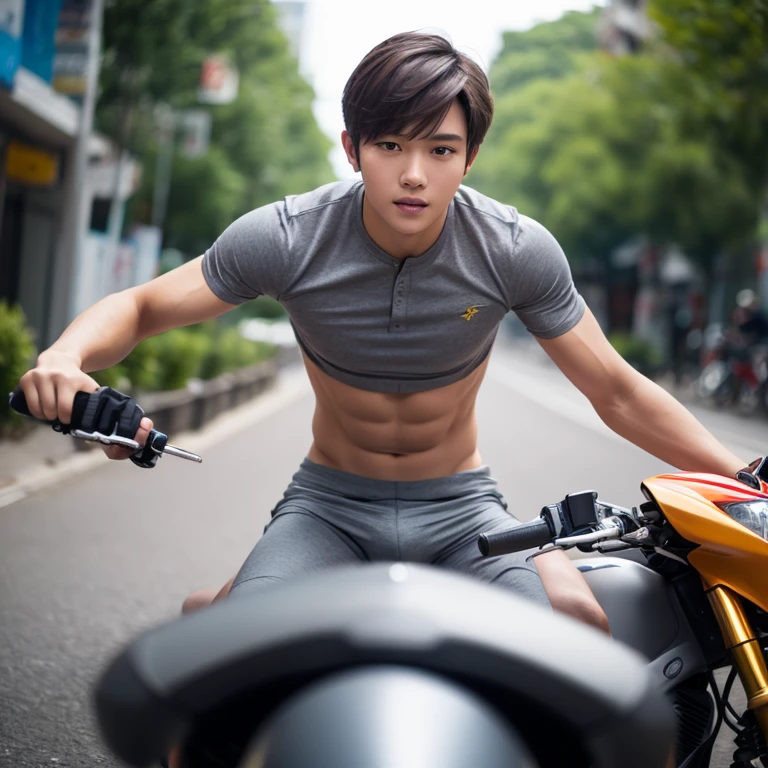 Take off shirt, have a six-pack, you're skinny, you're wearing red underwear., brown hair (gray eyes: 1.35), Thai guy, handsome teenager, rides a cool motorcycle, bokeh, mass effect, long distance, fullbody image fking_cinema_v2