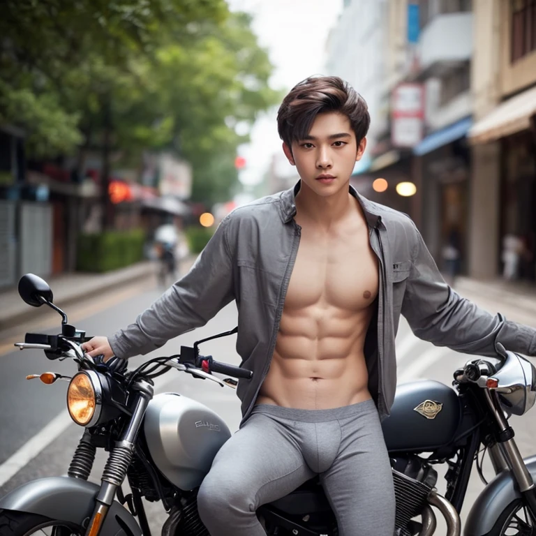 Take off shirt, have a six-pack, you're skinny, you're wearing red underwear., brown hair (gray eyes: 1.35), Thai guy, handsome teenager, rides a cool motorcycle, bokeh, mass effect, long distance, fullbody image fking_cinema_v2