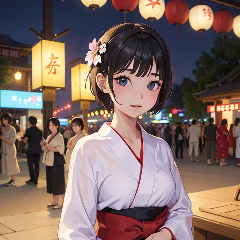Summer festival、night、best quality, muste piece, High resolution, solo, yukata、short hair、1 girl、see the beholder、beautiful detailed face