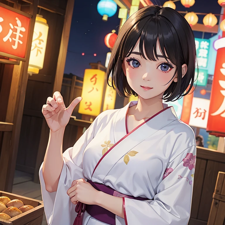 Summer festival、night、best quality, muste piece, High resolution, solo, yukata、short hair、1 girl、see the beholder、beautiful detailed face