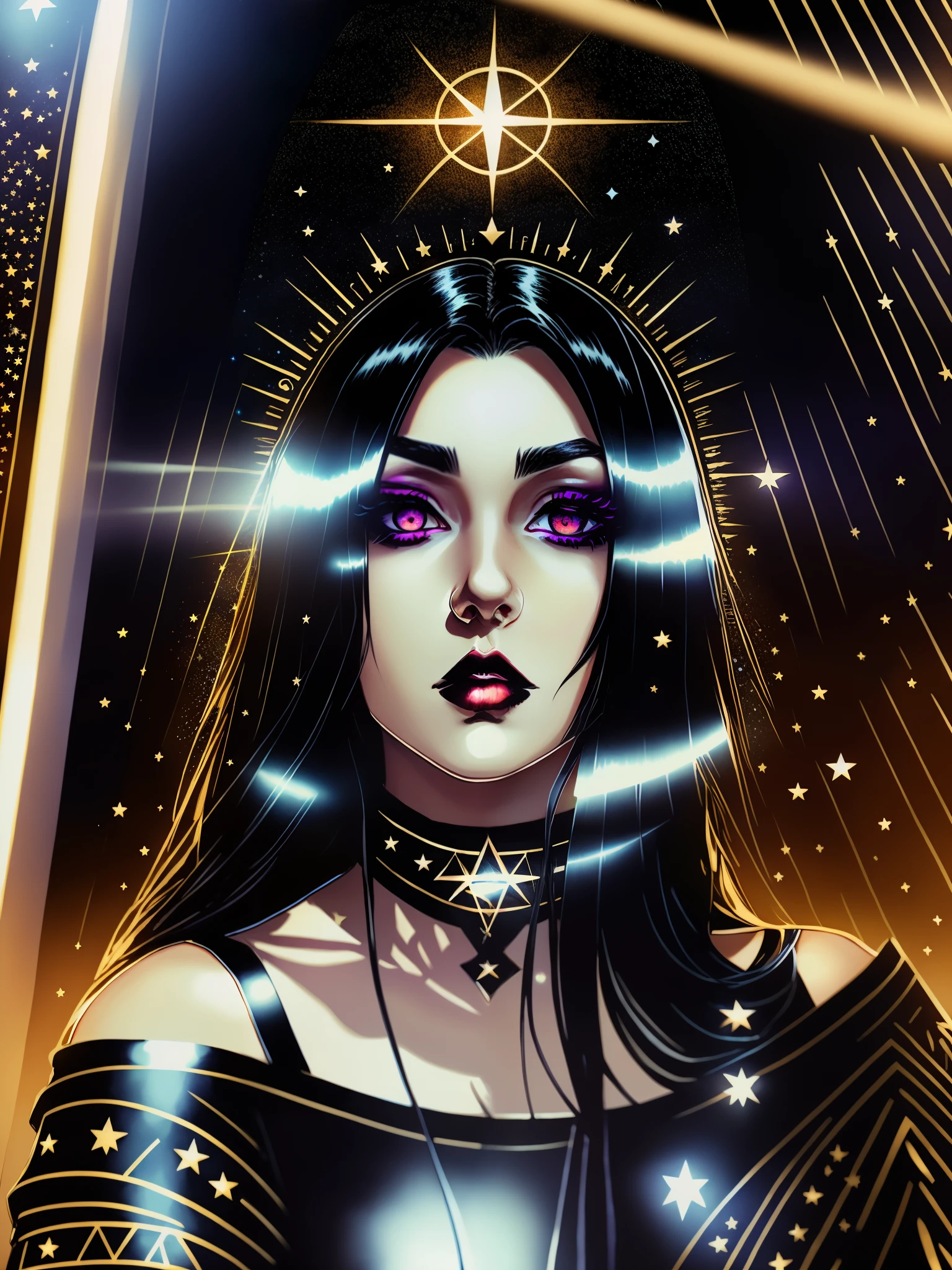 woman with long black hair wearing a black top, female with long black hair, woman with black hair, ((with straight black hair)), portrait, moon and stars in the background, esoteric, cell-shading style, european woman, serious, arrogant, black eyes, tarot style, soft lighting, mouth shut, clean dark hair, dark eyes