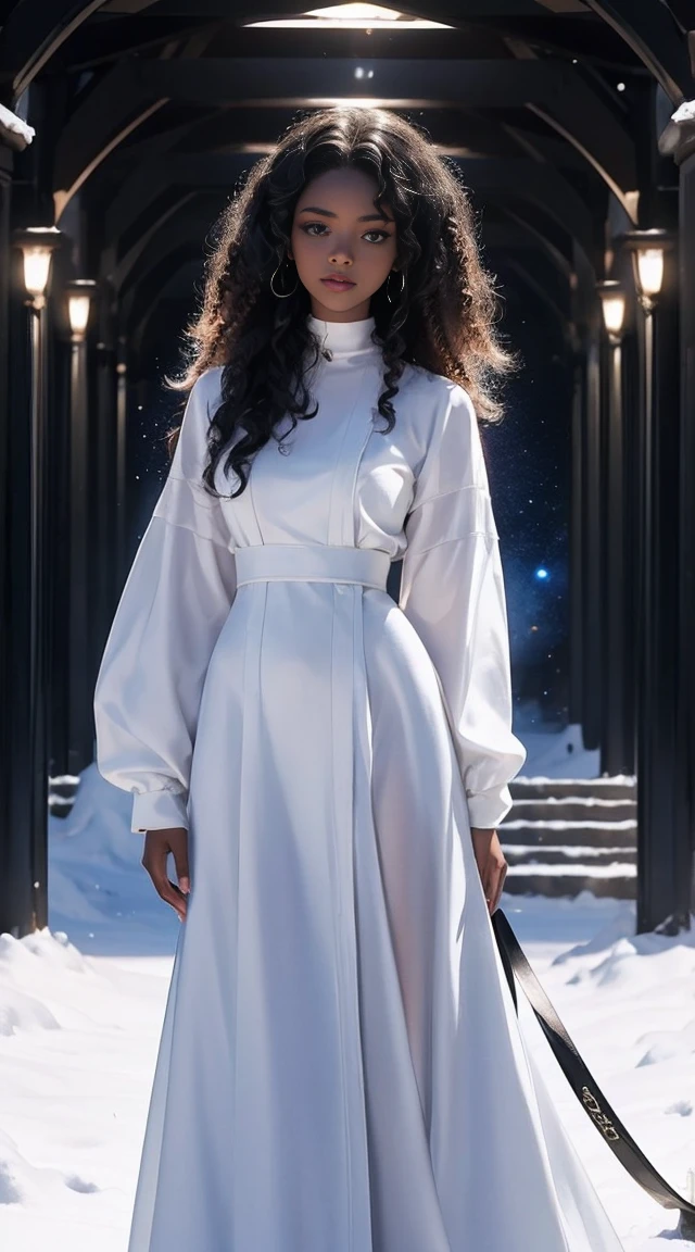 black woman, skin reference pantone black 3 C, long snow-white curly hair, rainbow eyes, wearing a fine shiny silk fabric. The background is a hall of the universe. 8k, best quality masterpiece