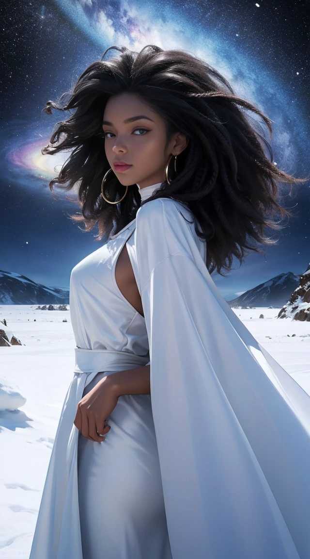 black woman, skin reference pantone black 3 C, long snow-white curly hair, rainbow eyes, wearing a fine shiny silk fabric. The background is a hall of the universe. 8k, best quality masterpiece